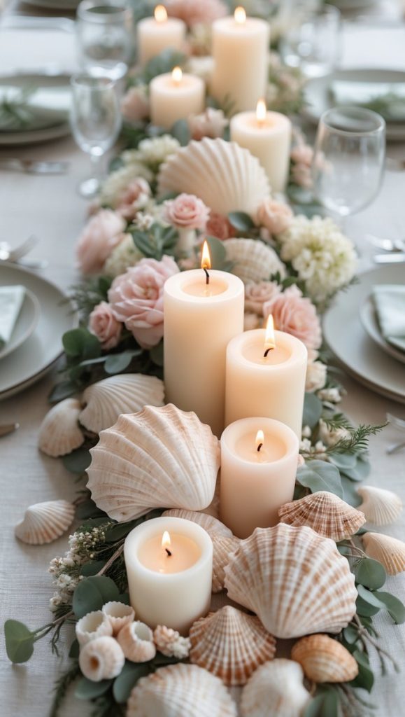A long dining table decorated with white candles, seashells, greenery, and pale pink flowers arranged along the center, set for a formal meal.