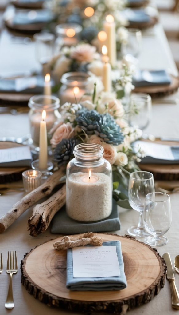 A decorated dining table with wooden chargers, candles, blue and white floral arrangements, glassware, and table settings arranged for a formal event.