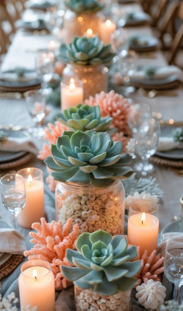 A long dining table set with plates, glasses, lit candles, and decorative jars containing succulents and coral accents in a soft, pastel color scheme.