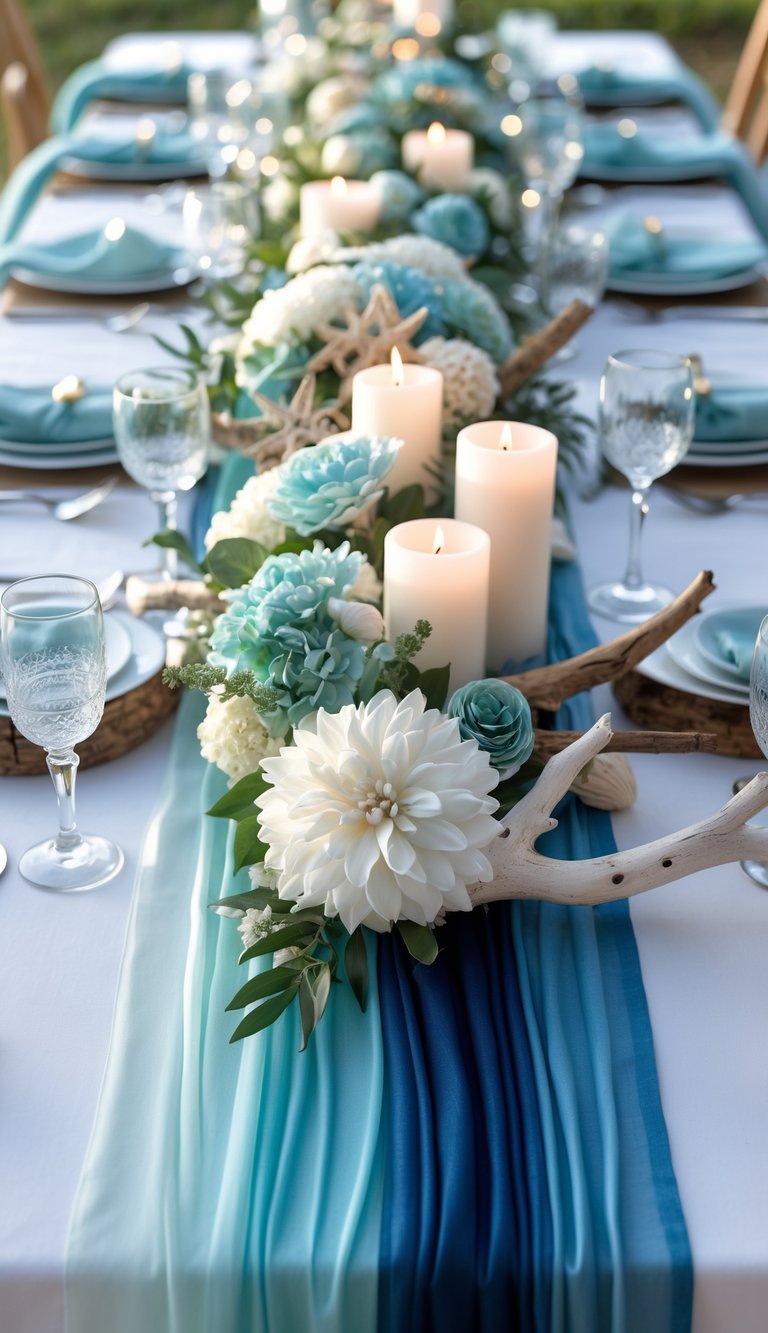 A coastal wedding table set with blue and teal fabric runners, floral centerpieces, candles, and natural decorative elements under soft natural light.