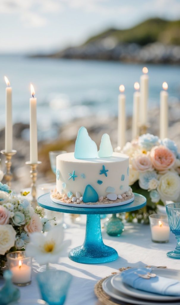 A white cake with blue and white decorations sits on a blue stand, surrounded by flowers, candles, and tableware at an outdoor seaside setting.