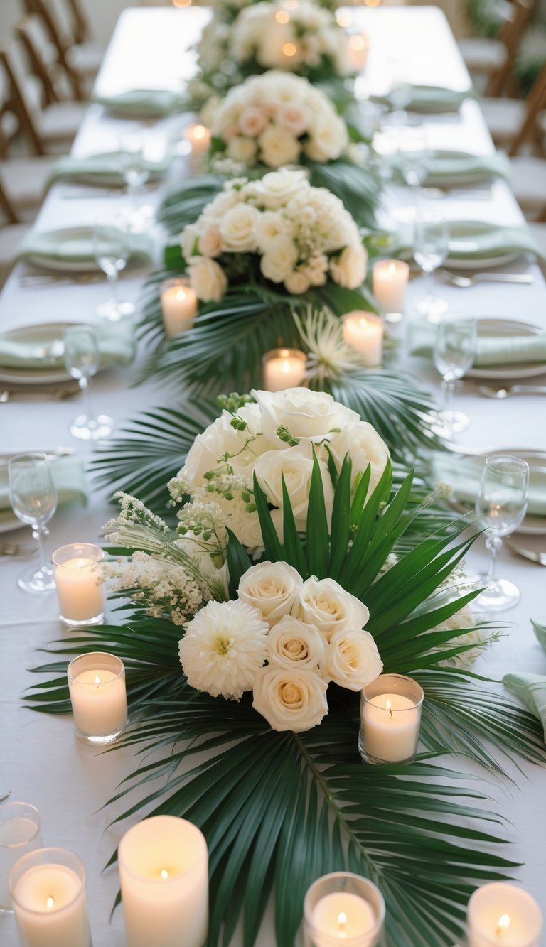 A coastal wedding table set with palm leaf and white rose centerpieces, candles, and elegant tableware under natural light.