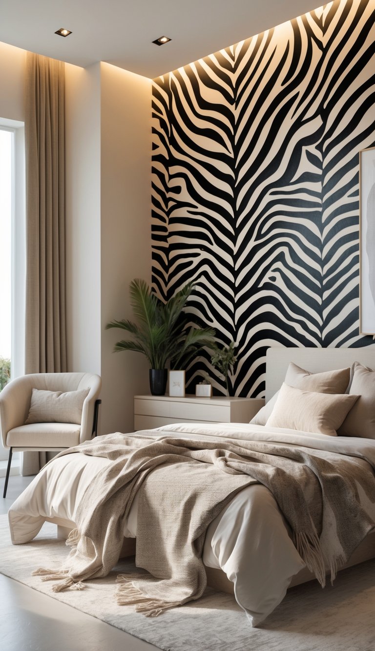 A bright bedroom with a zebra print accent wall, a neatly made bed, a nightstand, and a cozy armchair in a clean and inviting space.