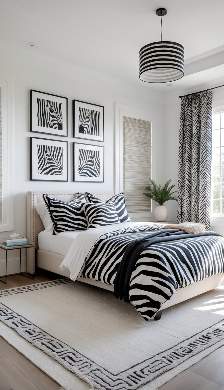 A bright bedroom with a bed featuring zebra print bedding and framed zebra striped art prints on the wall above it.