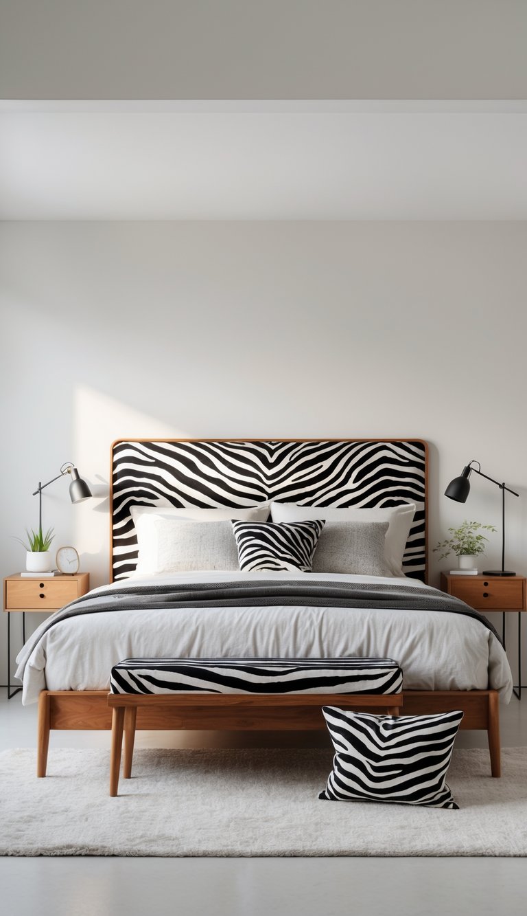 A bedroom with a wooden bed frame and zebra print headboard, bright natural light, a clean floor, and minimal furniture.