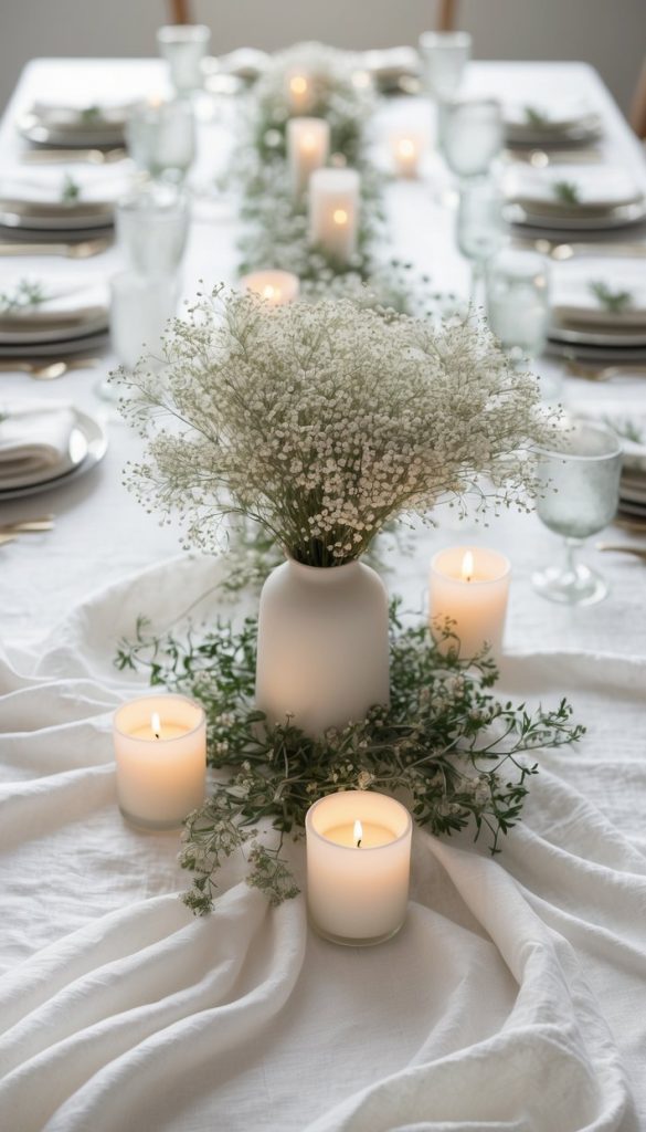 A white tablecloth covers a long dining table set with plates, glasses, candles, and a central arrangement of baby's breath flowers in a white vase.