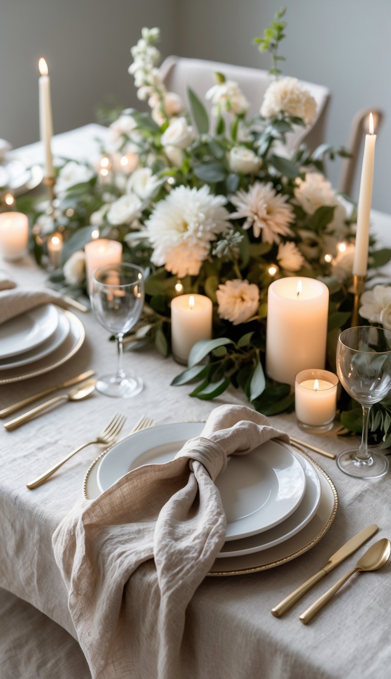 A full view of a table set with plates holding natural linen napkins, surrounded by floral centerpieces and candles.