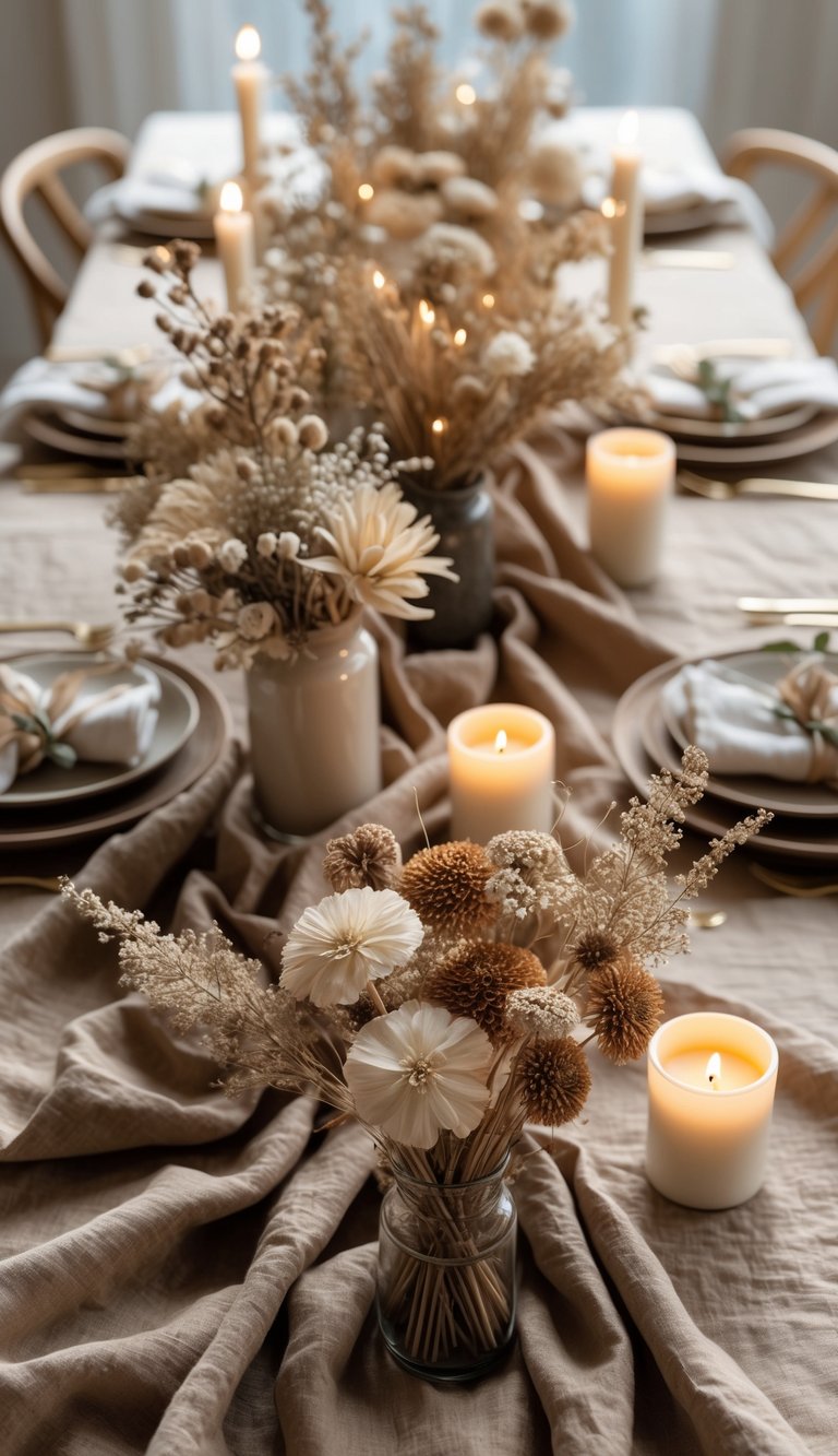 A table set with a brown linen tablecloth, dried flower centerpieces, and lit candles.