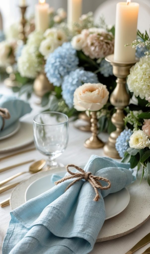 Elegant table setting with blue napkins tied with twine, white plates, gold cutlery, glassware, candles, and pastel floral arrangements.
