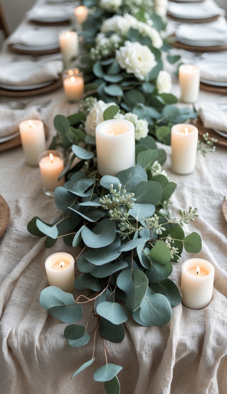 A table set with a natural linen tablecloth, decorated with eucalyptus sprigs, white and green flowers, and lit candles.