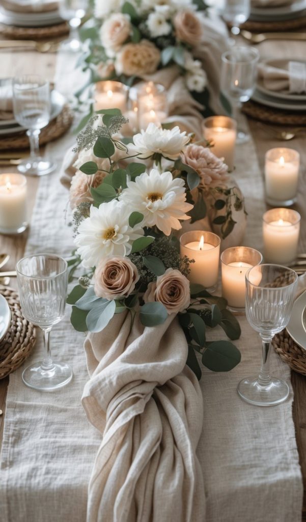 A wooden table set for a meal with white plates, glassware, candles, and a centerpiece of white and beige flowers on a beige table runner.
