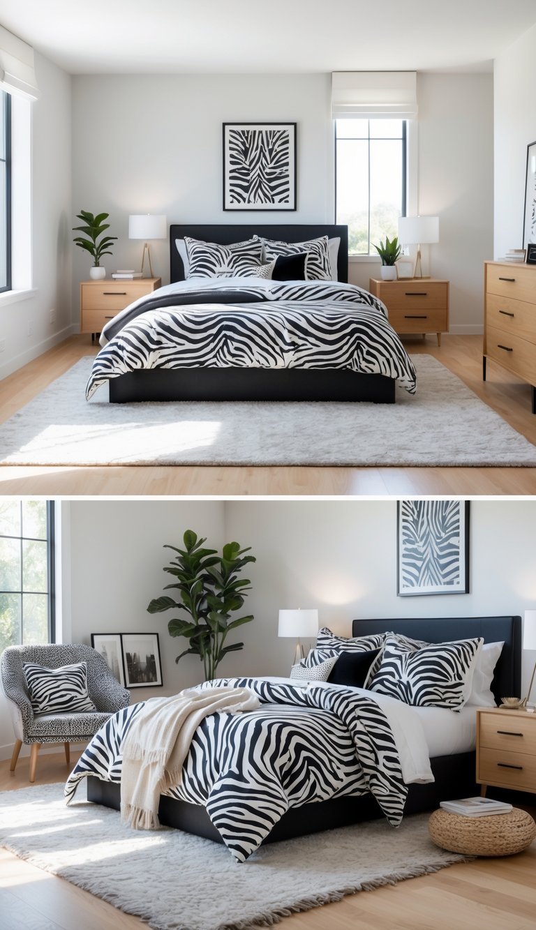 A bright and tidy bedroom featuring a bed with zebra print bedding, natural light from large windows, a wooden nightstand, a dresser, a reading chair, and decorative plants.
