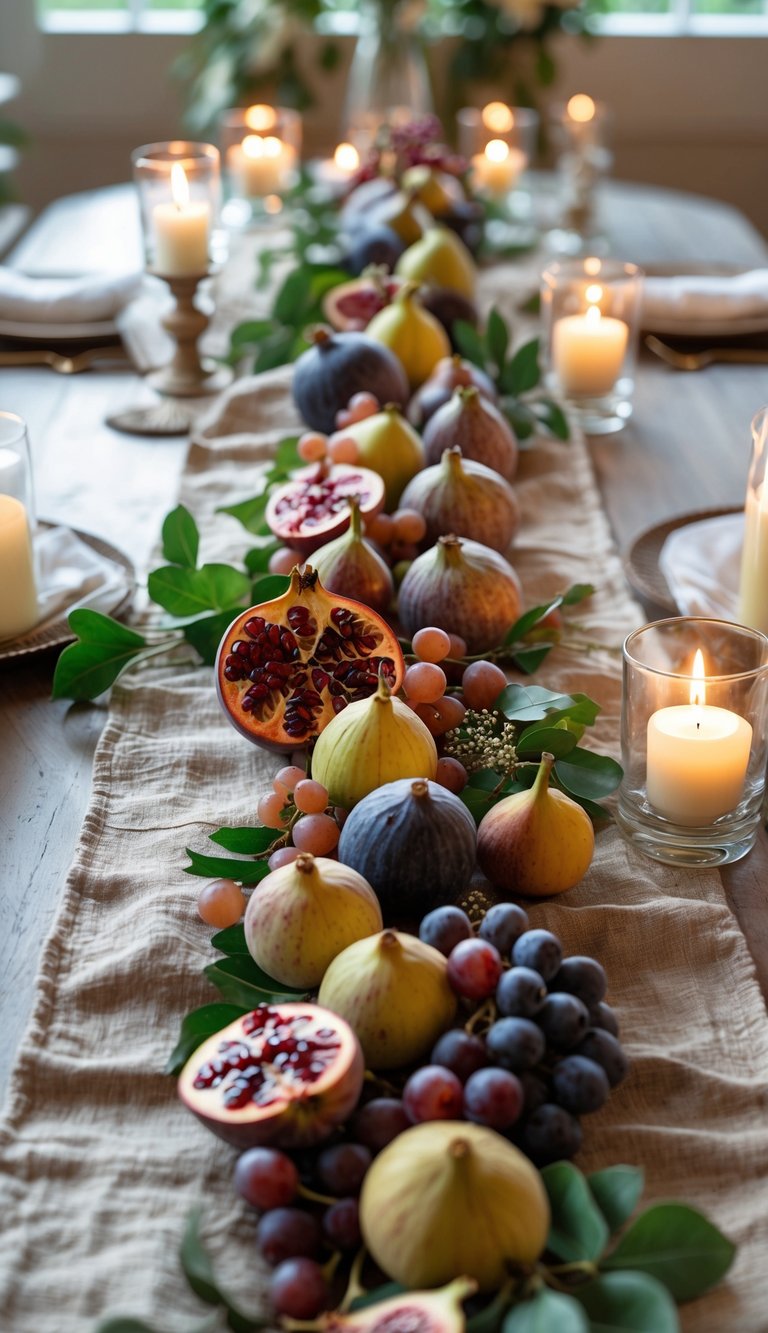 A beautifully arranged dining table with a linen table runner decorated with seasonal fruits, flowers, and candles.