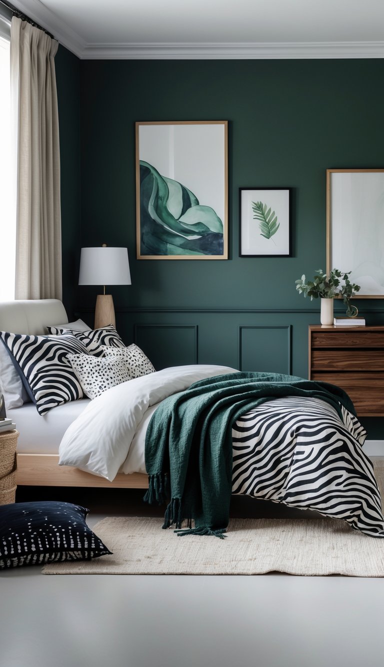 A bright bedroom with deep green or navy walls, zebra print bedding and cushions, styled furniture, and a clean, inviting layout.