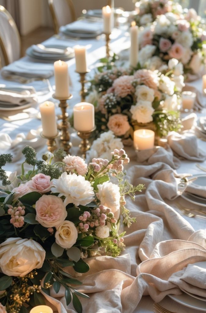 A long table set with white plates, gold cutlery, beige napkins, floral centerpieces, and lit candles on a light tablecloth.