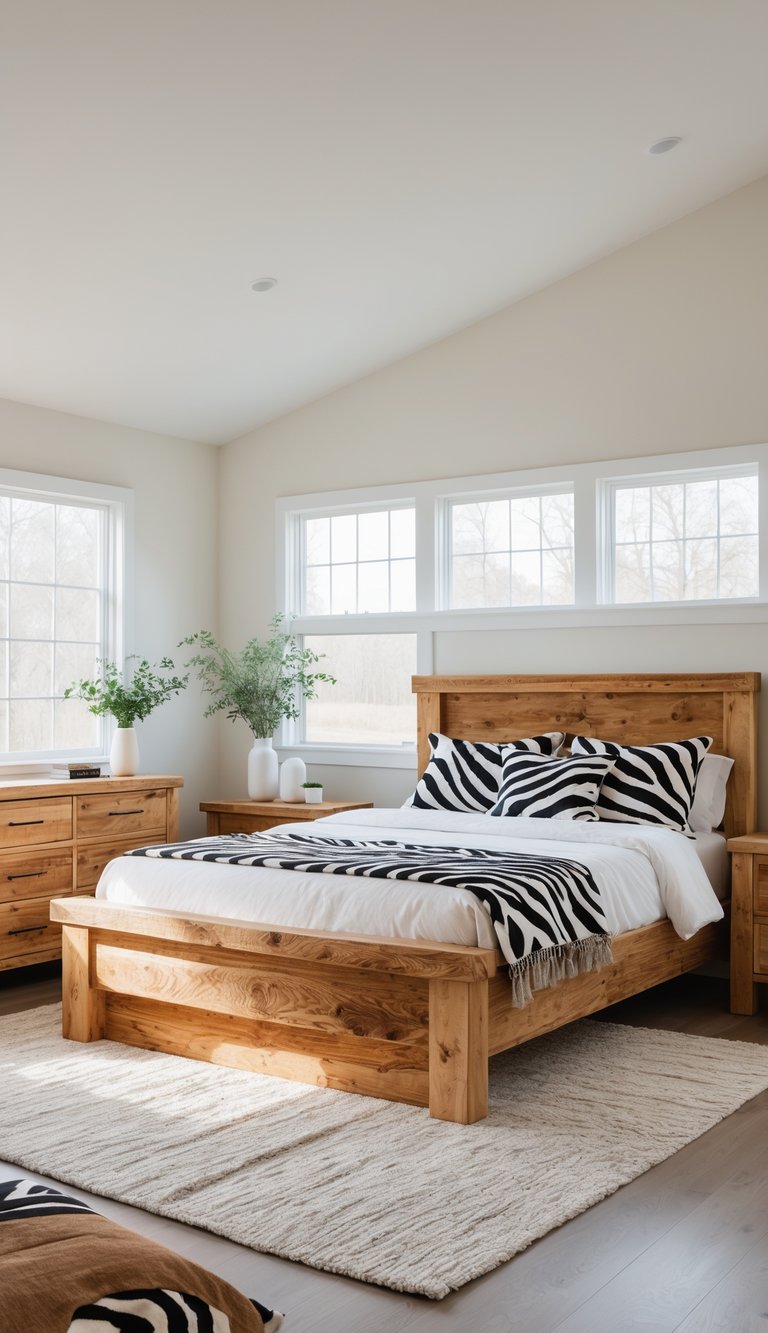 A bright bedroom with a bed featuring zebra print pillows and rustic wood furniture, including a bed frame and nightstands, with natural light filling the room.