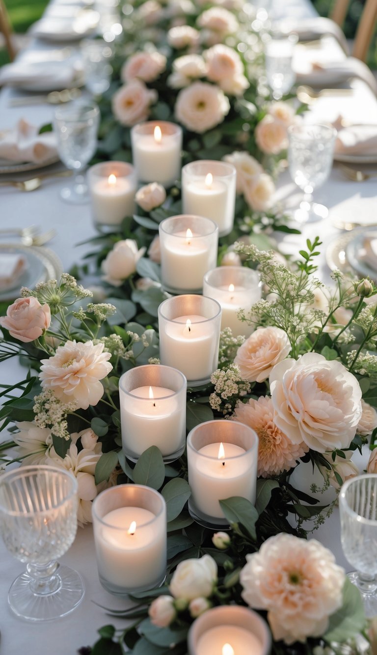 A wedding table set with clustered tea light candles in frosted holders and floral centerpieces, viewed from above under natural light.