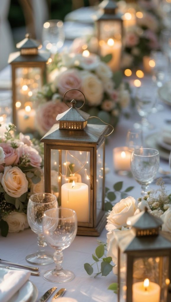 Elegant table setting with glass lanterns containing candles, surrounded by white and pale pink roses, greenery, glassware, and white table linens.