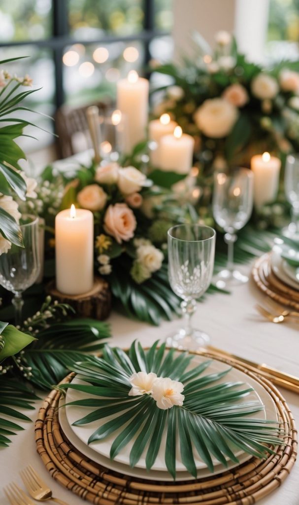 A decorated dining table with palm leaves, white flowers, candles, glassware, and gold cutlery, creating an elegant, tropical-themed setting near large windows.