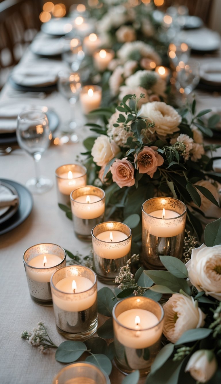 A wedding table set with glowing mercury glass votive candles and floral centerpieces under soft natural light.