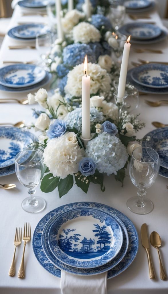 A formal dining table set with blue and white china, gold cutlery, glassware, white candles, and a floral centerpiece with white and light blue flowers.