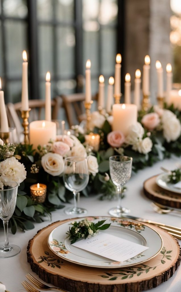 Elegant table setting with floral arrangements, candles, gold cutlery, and decorative plates on wooden chargers, arranged for a formal event or celebration.