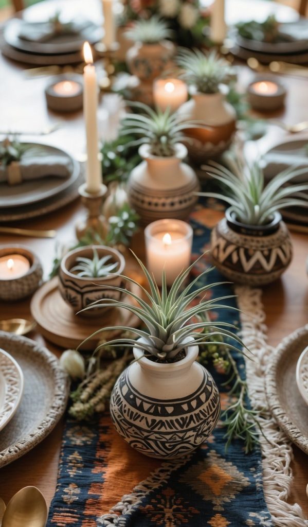 A dining table set with patterned plates, candles, and potted succulents on a woven table runner featuring geometric designs.