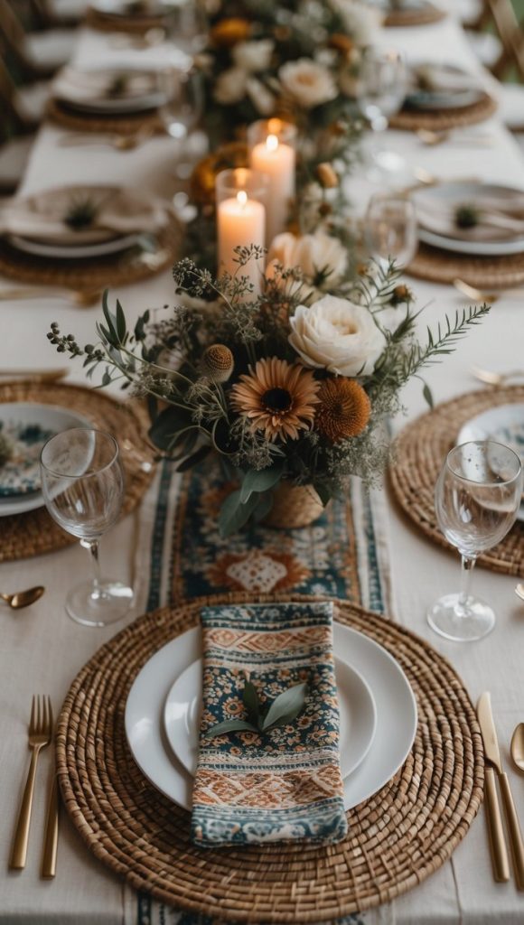 A long table is set for a meal with woven placemats, patterned napkins, gold cutlery, floral centerpieces, and lit candles.