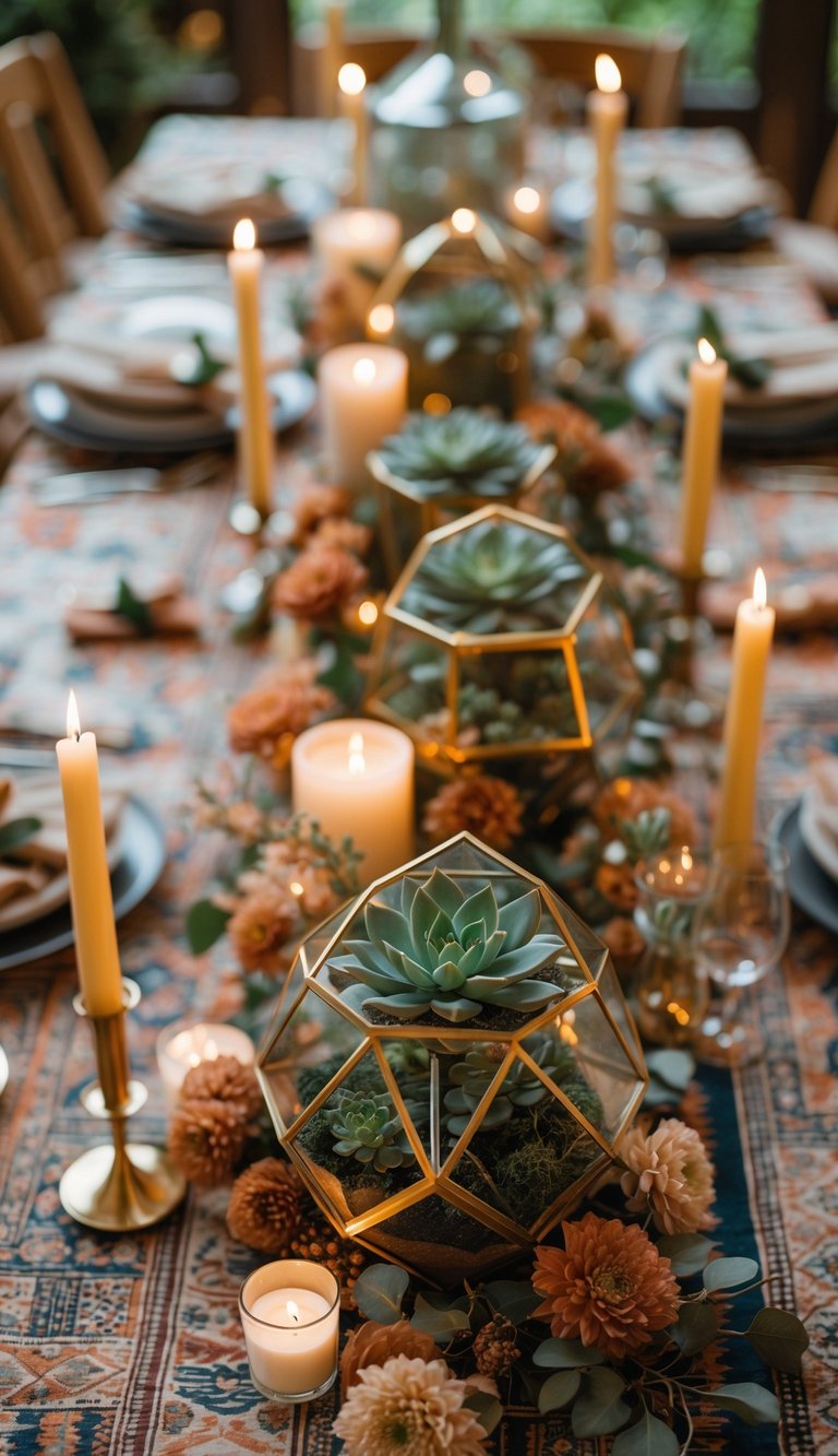 A wedding dining table with geometric terrariums containing succulents, surrounded by candles and flowers, lit by natural light.