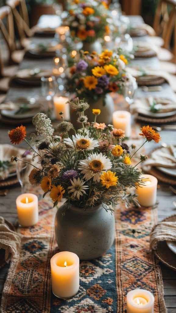 A long dining table is set with plates, glasses, lit candles, and vases of colorful wildflowers on a patterned table runner.