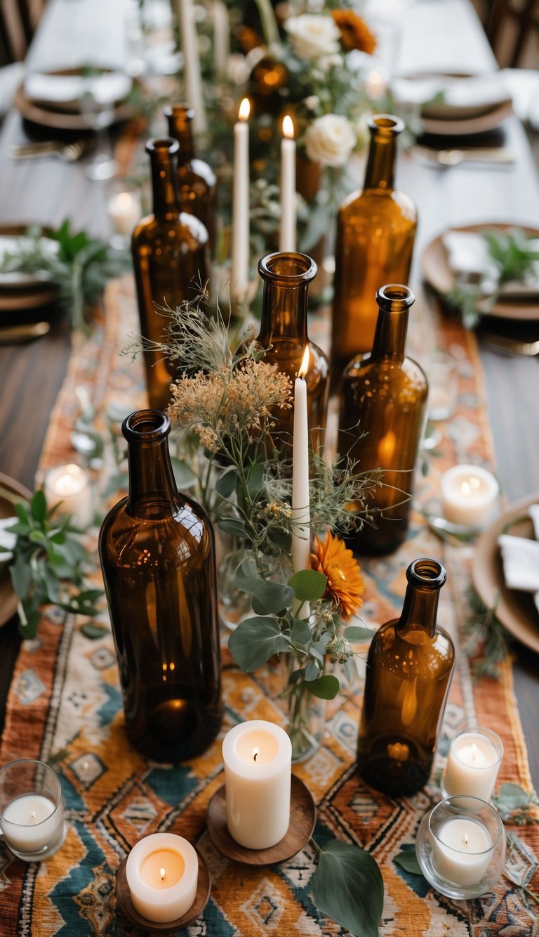 A wedding dining table set with amber and clear glass bottles, candles, and fresh flowers arranged as centerpieces on a patterned tablecloth, illuminated by natural light.