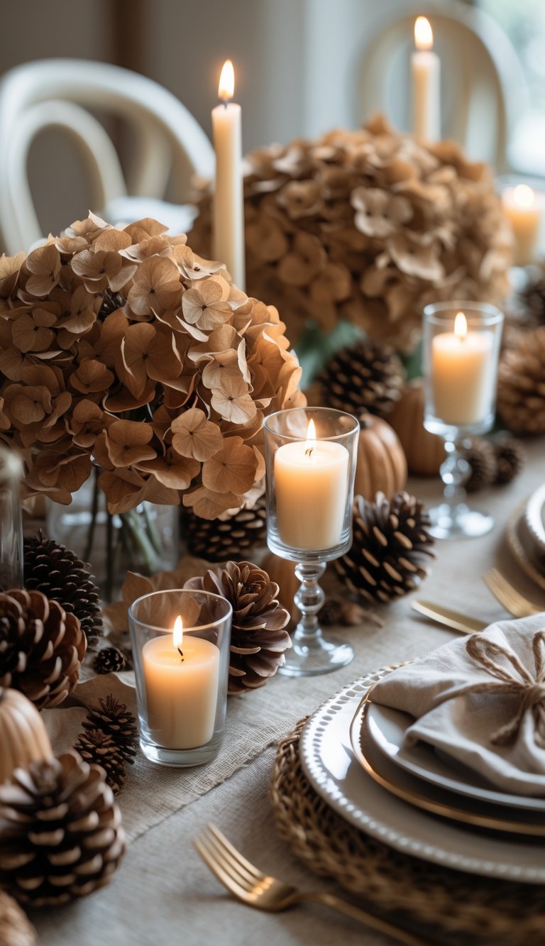 A full view of a fall tablescape featuring dried brown hydrangea blooms and pinecones as the centerpiece, surrounded by candles and autumnal decorations on a wooden table.