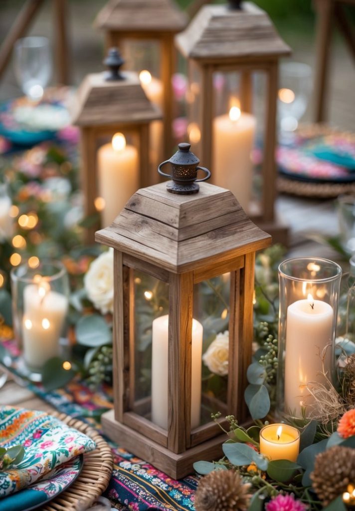 A decorated table with wooden lanterns, lit candles, floral arrangements, woven placemats, and colorful patterned napkins set for an outdoor gathering.