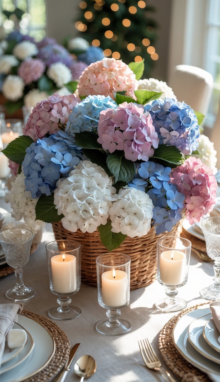A full view of a table set for an event with a basket of mixed-color hydrangeas as the centerpiece, surrounded by candles and floral arrangements.