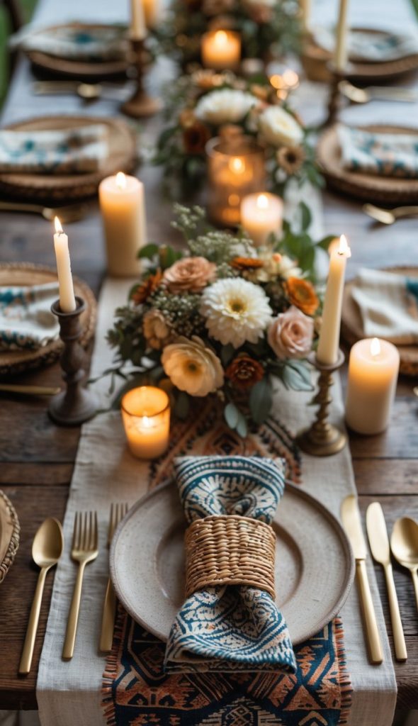 A dining table set with plates, gold cutlery, woven napkin rings, floral centerpieces, and lit candles arranged neatly on a wooden surface.