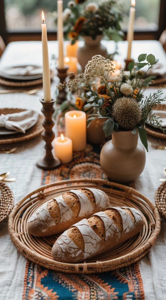 A dining table set with plates, cutlery, lit candles, floral arrangements, and two loaves of rustic bread on a woven tray.