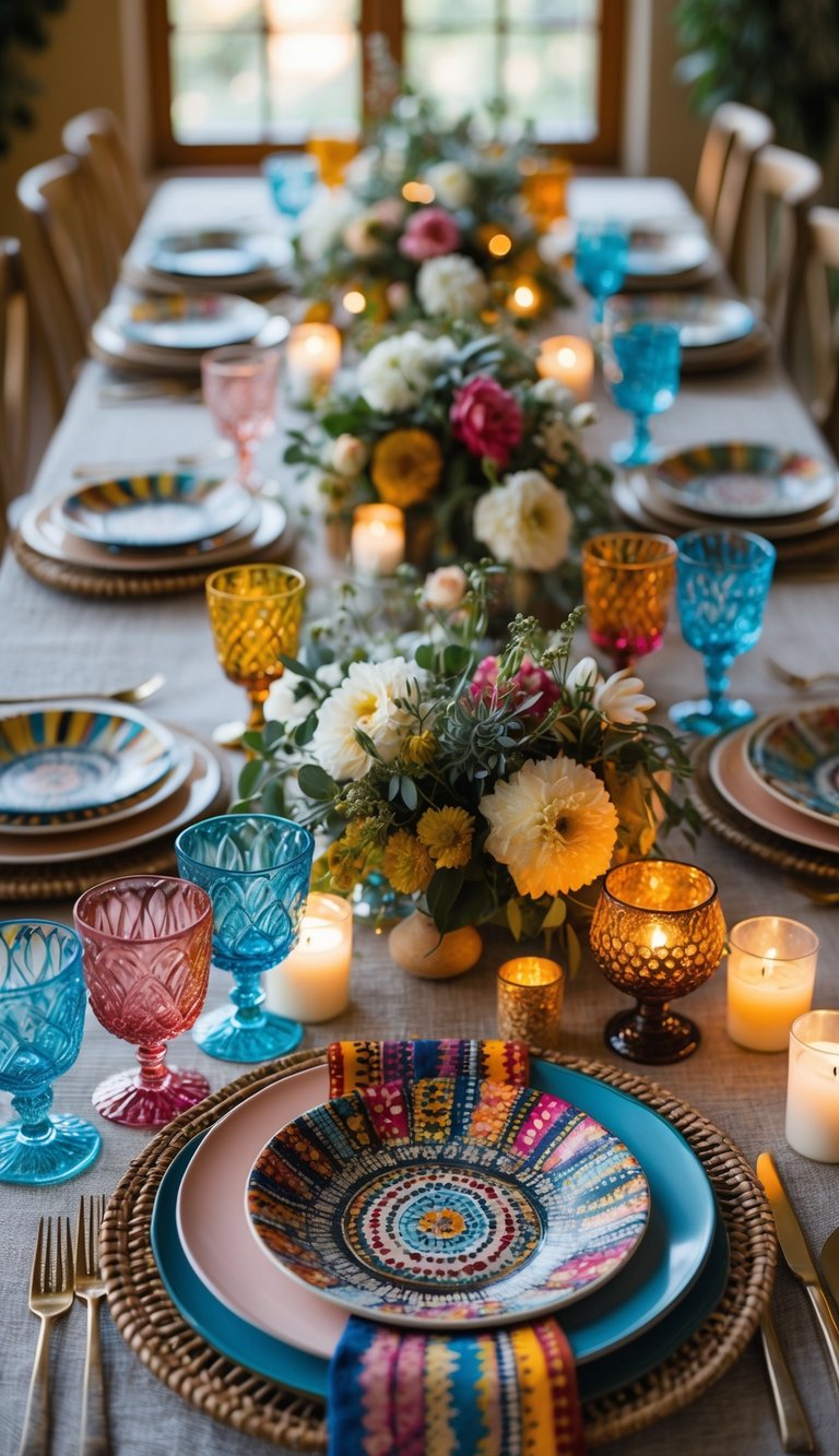 A dining table set for a wedding with colorful glassware, floral centerpieces, candles, and patterned table linens under natural light.