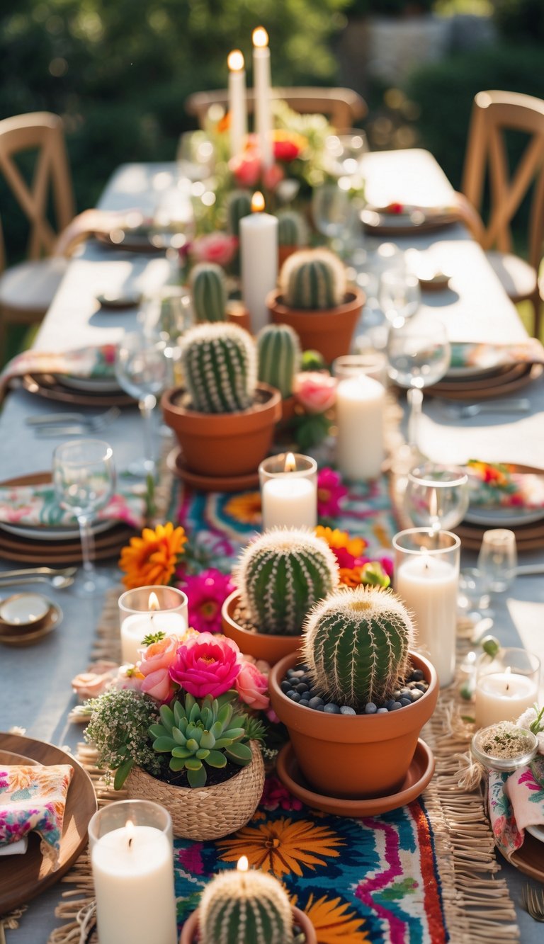 A wedding dining table with mini cacti in terracotta pots, candles, and floral arrangements set outdoors with natural sunlight.