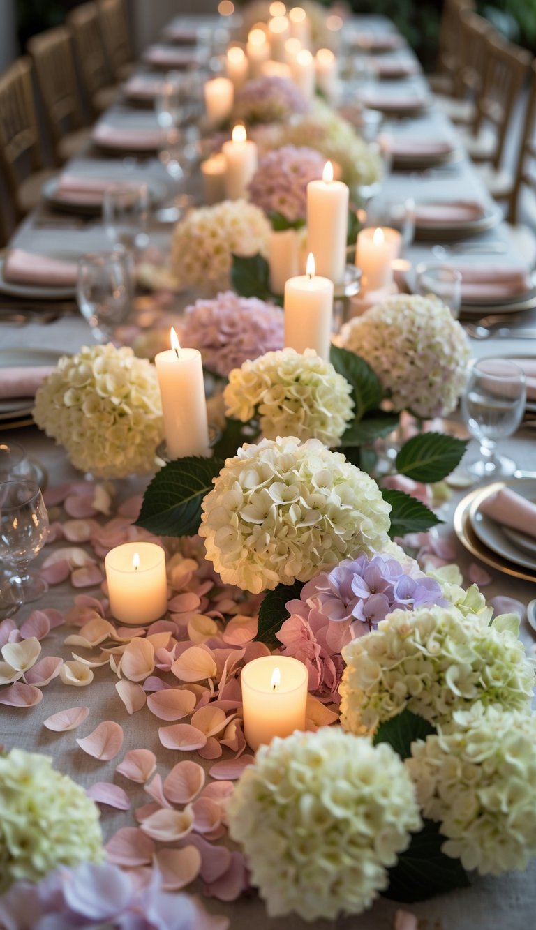 A full view of a decorated table with candle holders surrounded by scattered hydrangea petals and floral centerpieces.