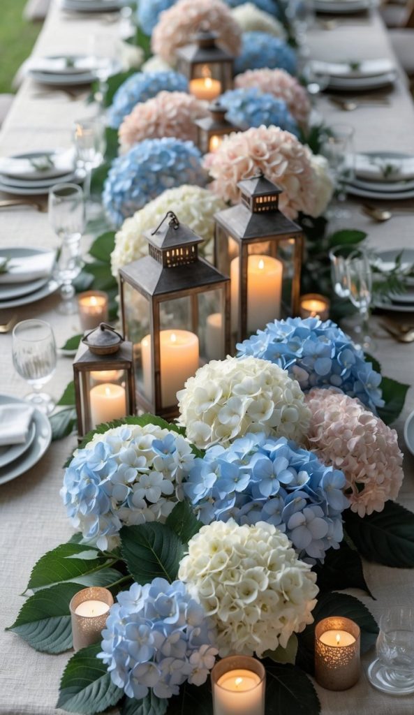 A long table is set with plates and glasses, decorated with blue, white, and pink hydrangeas, green leaves, and lit candles in glass holders and lanterns as a centerpiece.