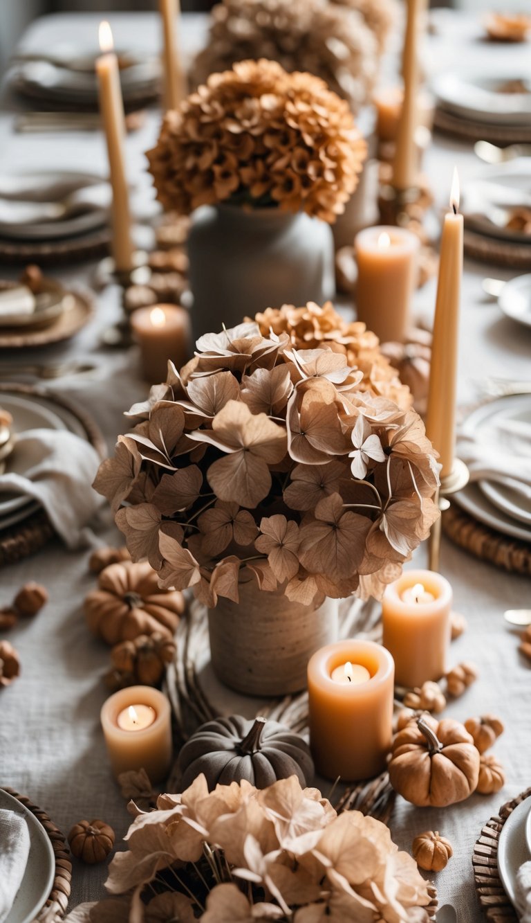 A full table set for a fall event with dried hydrangea centerpieces, candles, and natural light.