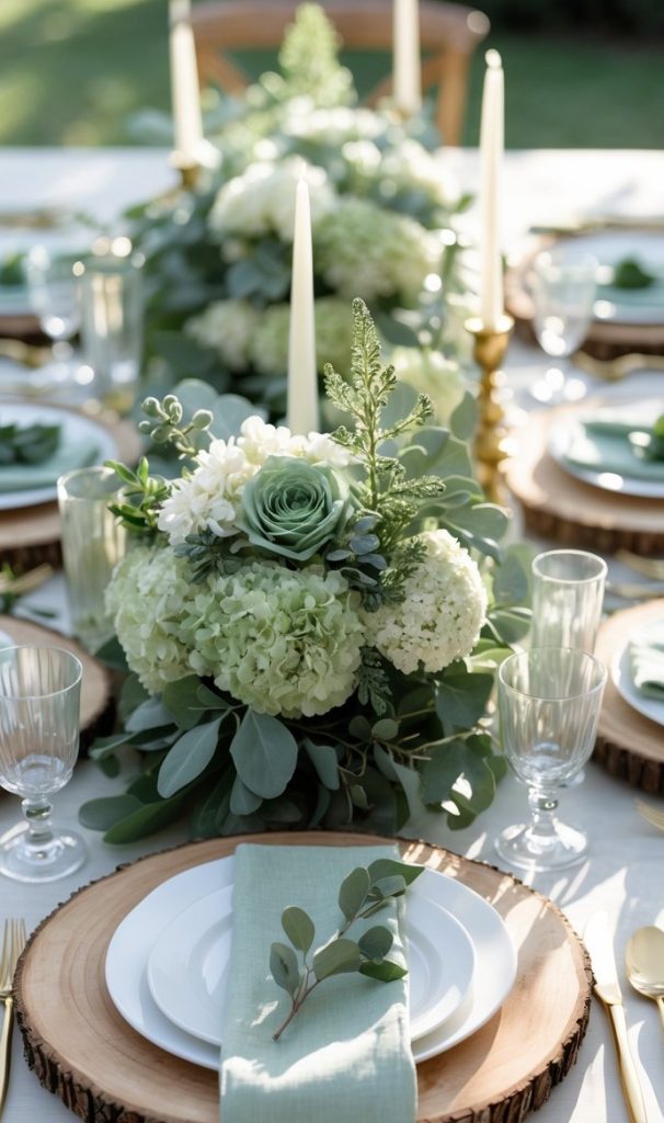 Elegant outdoor table setting with wooden chargers, white plates, gold cutlery, green napkins, glassware, and floral centerpieces featuring greenery and white flowers.