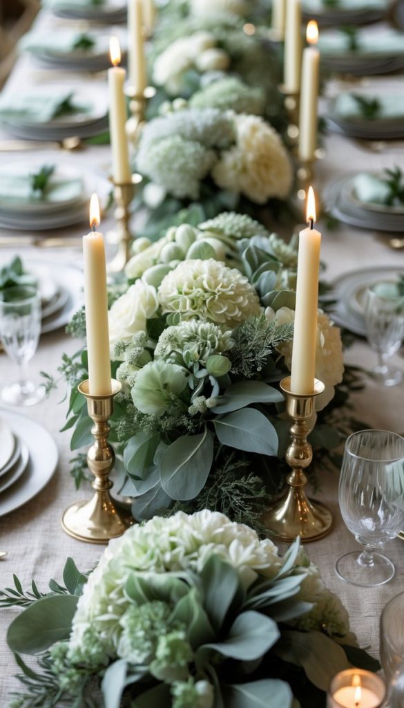 Elegant dining table set with white and green floral arrangements, lit taper candles in gold holders, plates, glasses, and silverware neatly arranged.