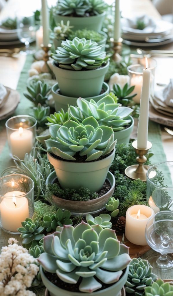 A dining table decorated with potted succulents, green table runner, lit candles, and place settings, creating a fresh and elegant centerpiece arrangement.