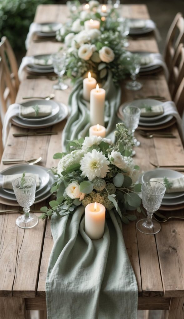A wooden dining table is set with white plates, crystal glasses, green napkins, floral arrangements, and lit pillar candles arranged along a green fabric runner.