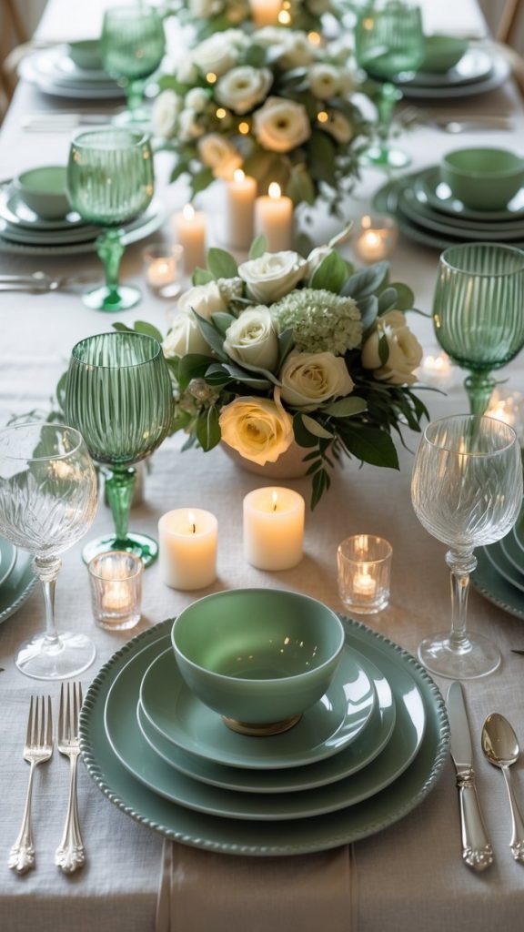 A formal dining table set with green and white plates, glassware, silver cutlery, lit candles, and white flower arrangements on a light tablecloth.