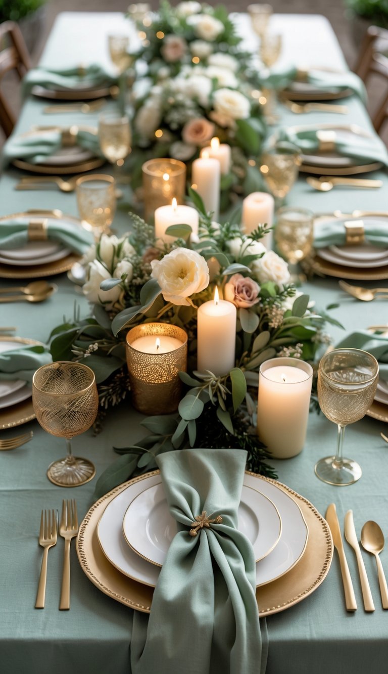 A beautifully set table with sage green linens, gold flatware, floral centerpieces, and lit candles in natural light.