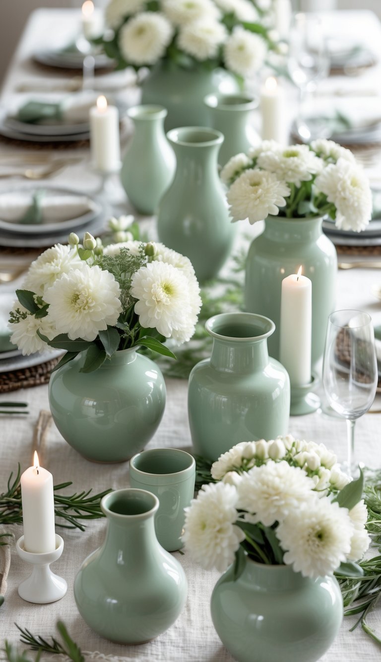 A full table set with sage green ceramic vases holding fresh white flowers, white candles, and neutral linens arranged for an event or holiday gathering.