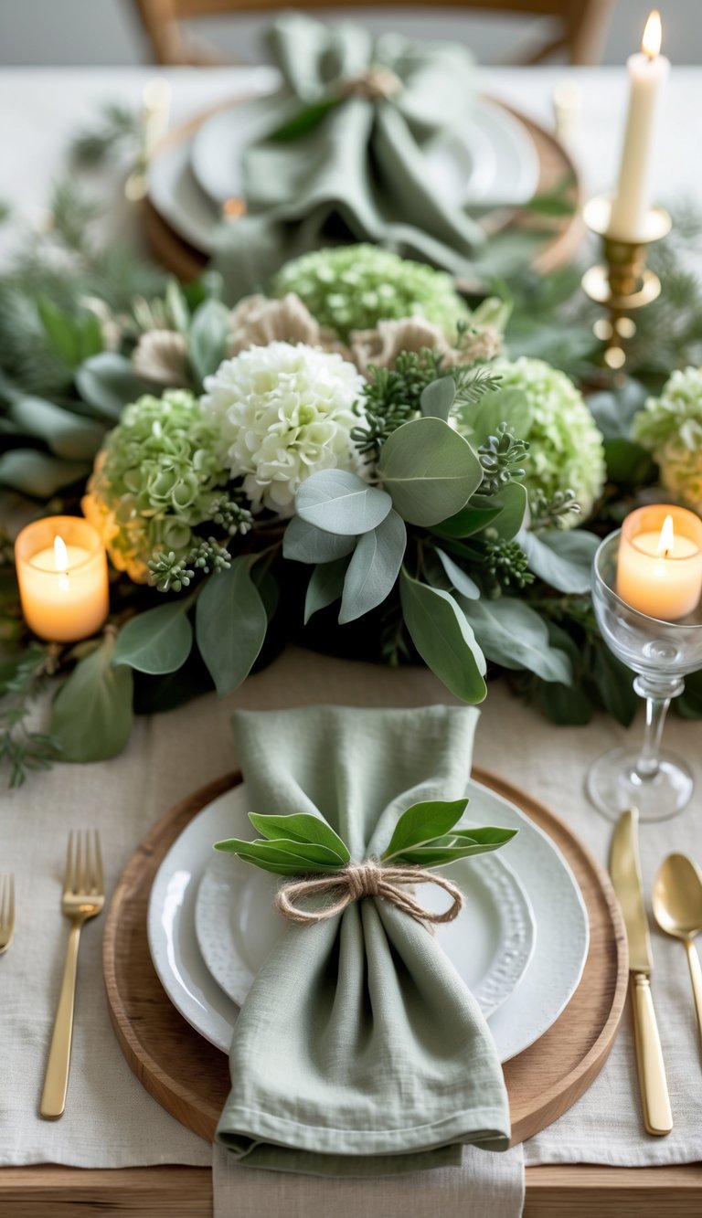 A full view of a decorated table with sage green napkins tied with twine and leaves, surrounded by candles and floral centerpieces.