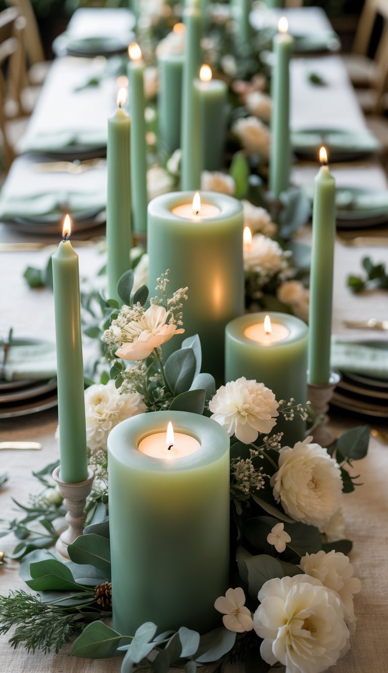 A full table set with sage green pillar candles of different heights and floral centerpieces, illuminated by natural light.